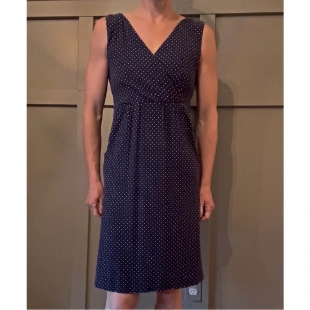 Garnet Hill Starlet Sleeveless Knit Dress Navy Blue White Polka Dots Size Small